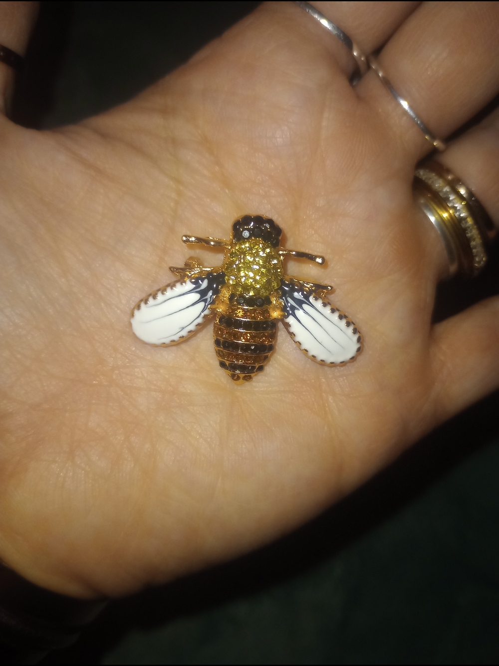 Gold-tone Bee Brooch with White Enamel Wings